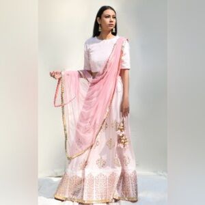 Pink Foil Block Print Bridal Lehenga Set